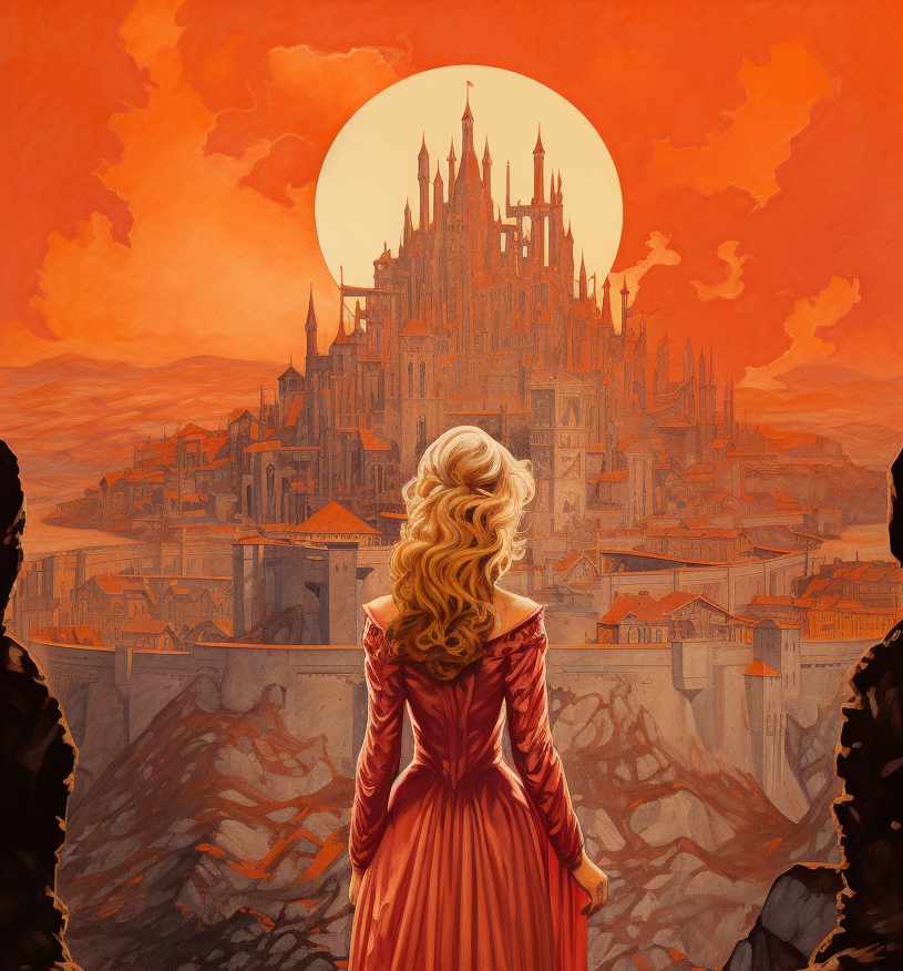AI Art: Dark Fantasy Book Cover With Lady Standing in From of a Medieval Castle Landscape